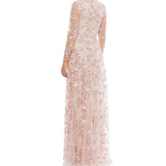 Mac Duggal Nude Rose Pink Floral Appliqué Long Sleeve Lace A-Line Gown - Picture 2 of 3